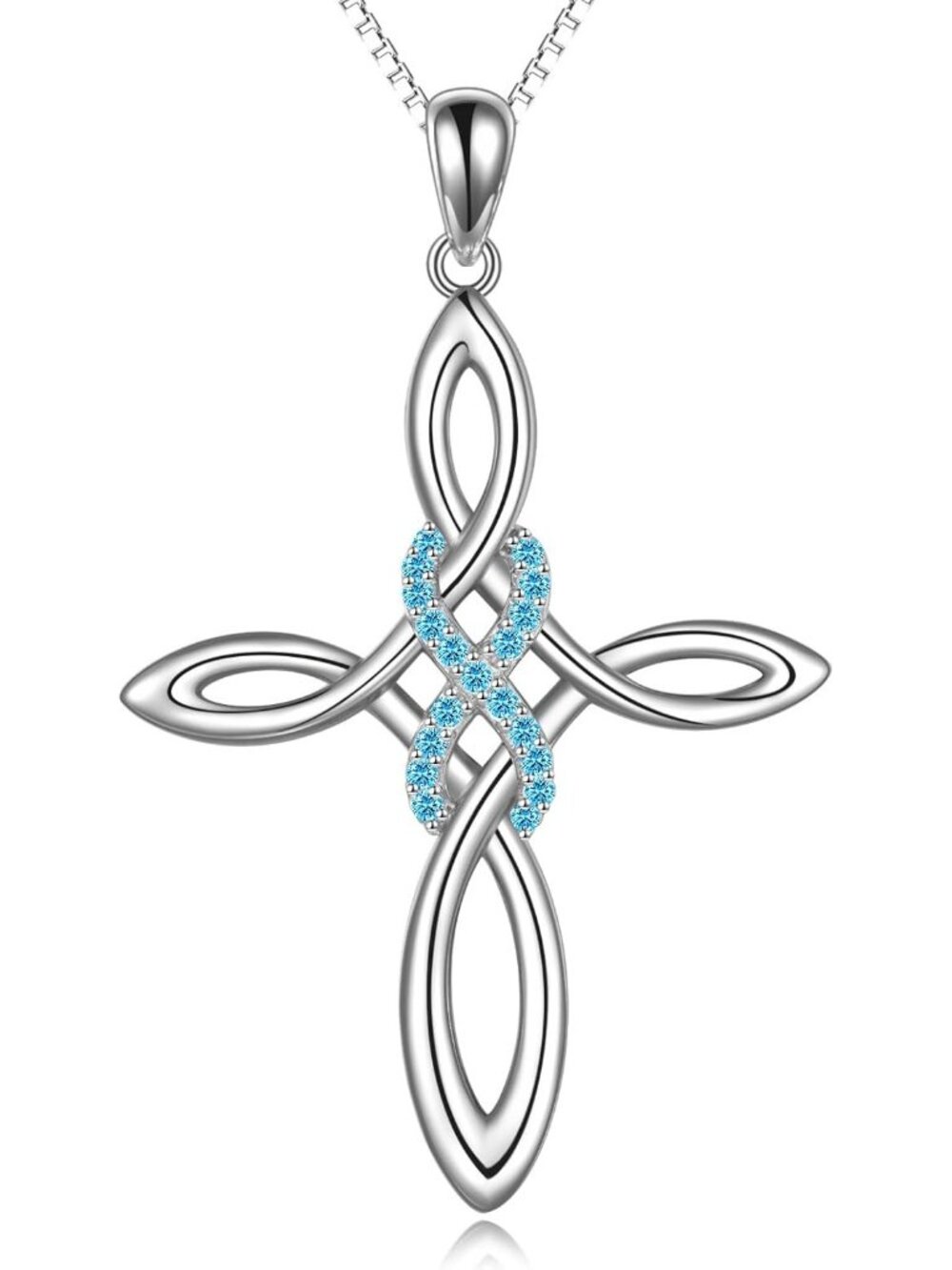 Women's Blue Celtic Knot Cross Sterling Birthstone Polished Infinity Necklace